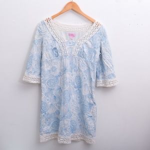Lilly Pulitzer Shell Dress 3/4 Sleeve Lace Accents  White Blue Embroidered 2